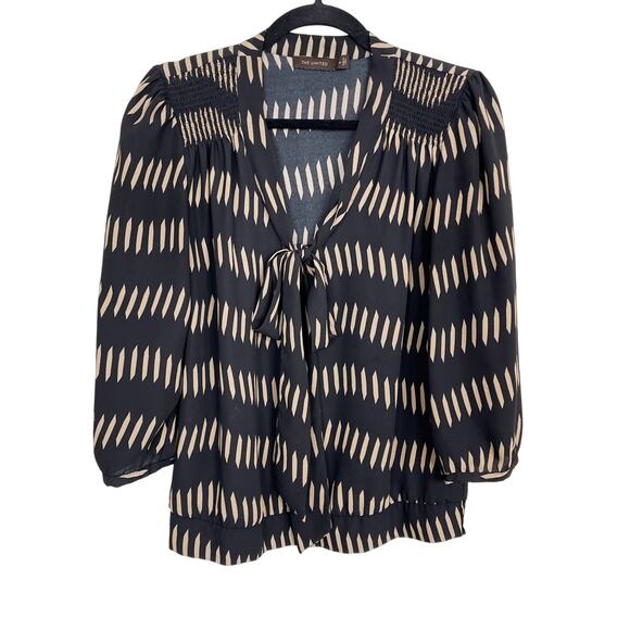 The Limited M Black Cream Striped Hash Printed Tie Neck Blouse Top 3/4 Sleeve - Picture 1 of 7